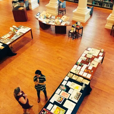 birds-eye view of documents on display