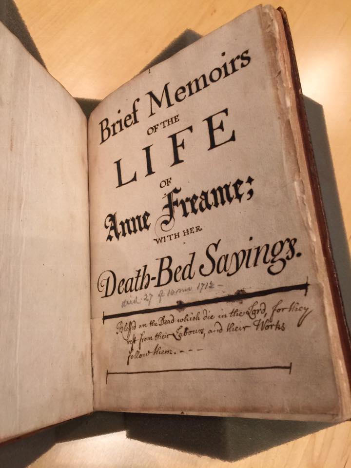 Picture of open book entitled: "Brief memoirs of the life of Anne Freame with her death bed sayings."